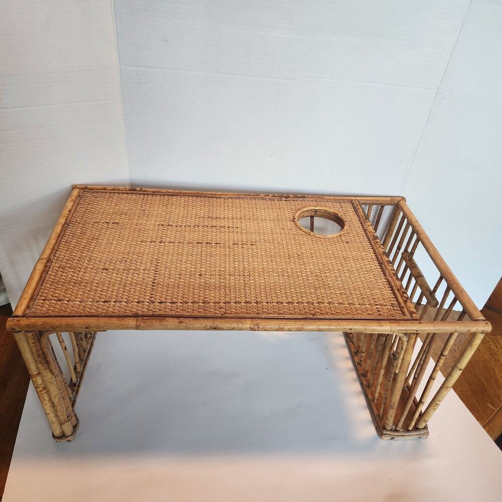 Vintage Tortoise Rattan Wicker Tiki Serving /Breakfast Tray Magazine Rack MCM
